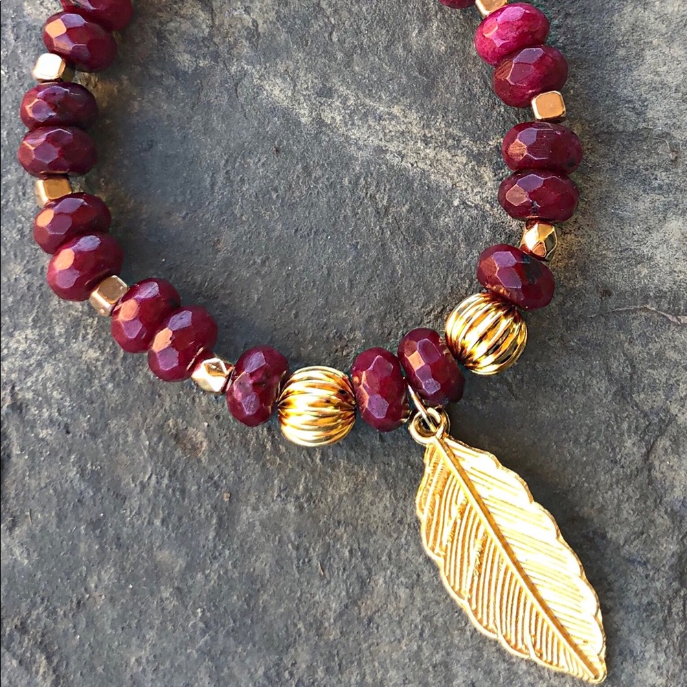 Ruby stone beaded with leaf charm bracelet